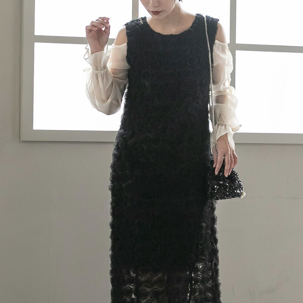 300197 ドロストギャザースリーブ×プチローズペンシルドレス