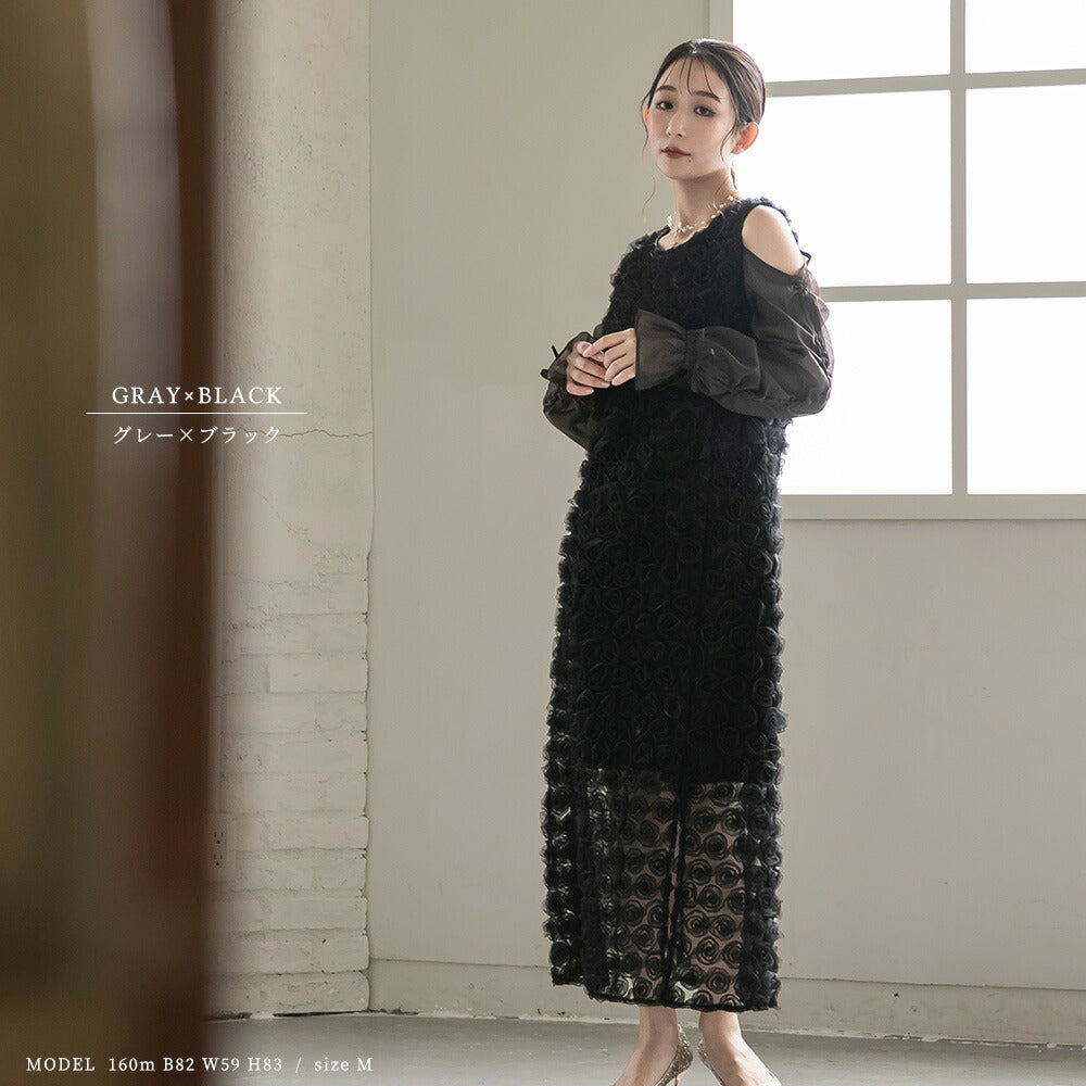 300197 ドロストギャザースリーブ×プチローズペンシルドレス