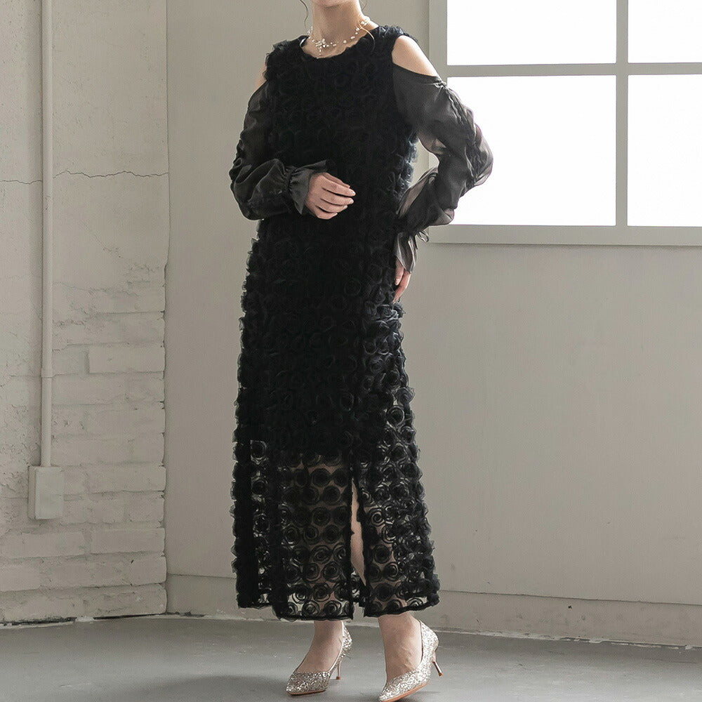 300197 ドロストギャザースリーブ×プチローズペンシルドレス