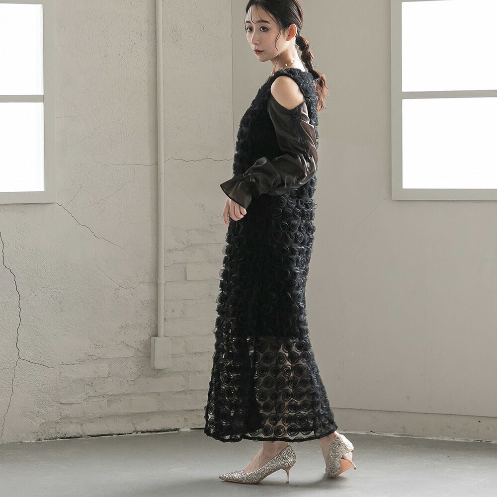 300197 ドロストギャザースリーブ×プチローズペンシルドレス