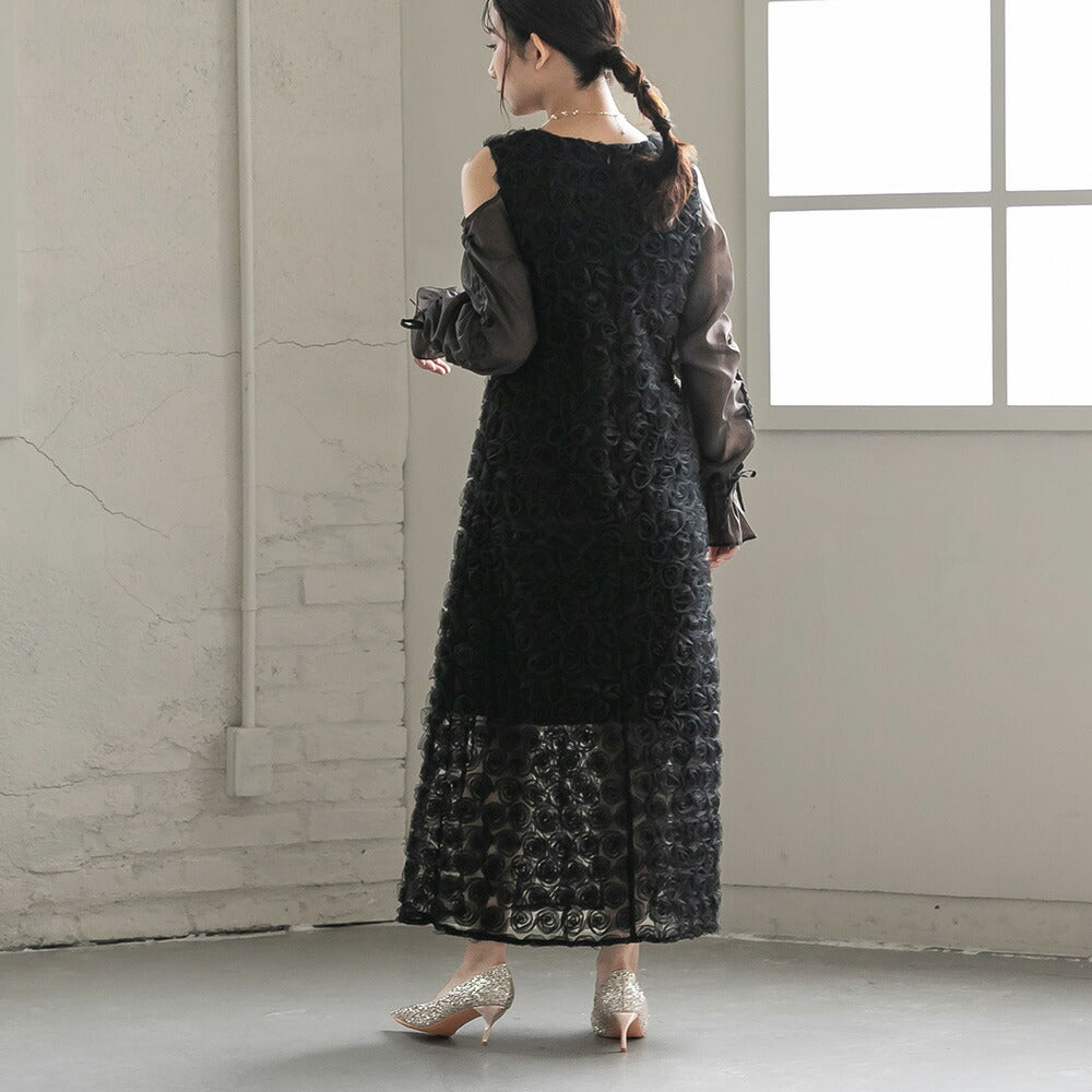 300197 ドロストギャザースリーブ×プチローズペンシルドレス