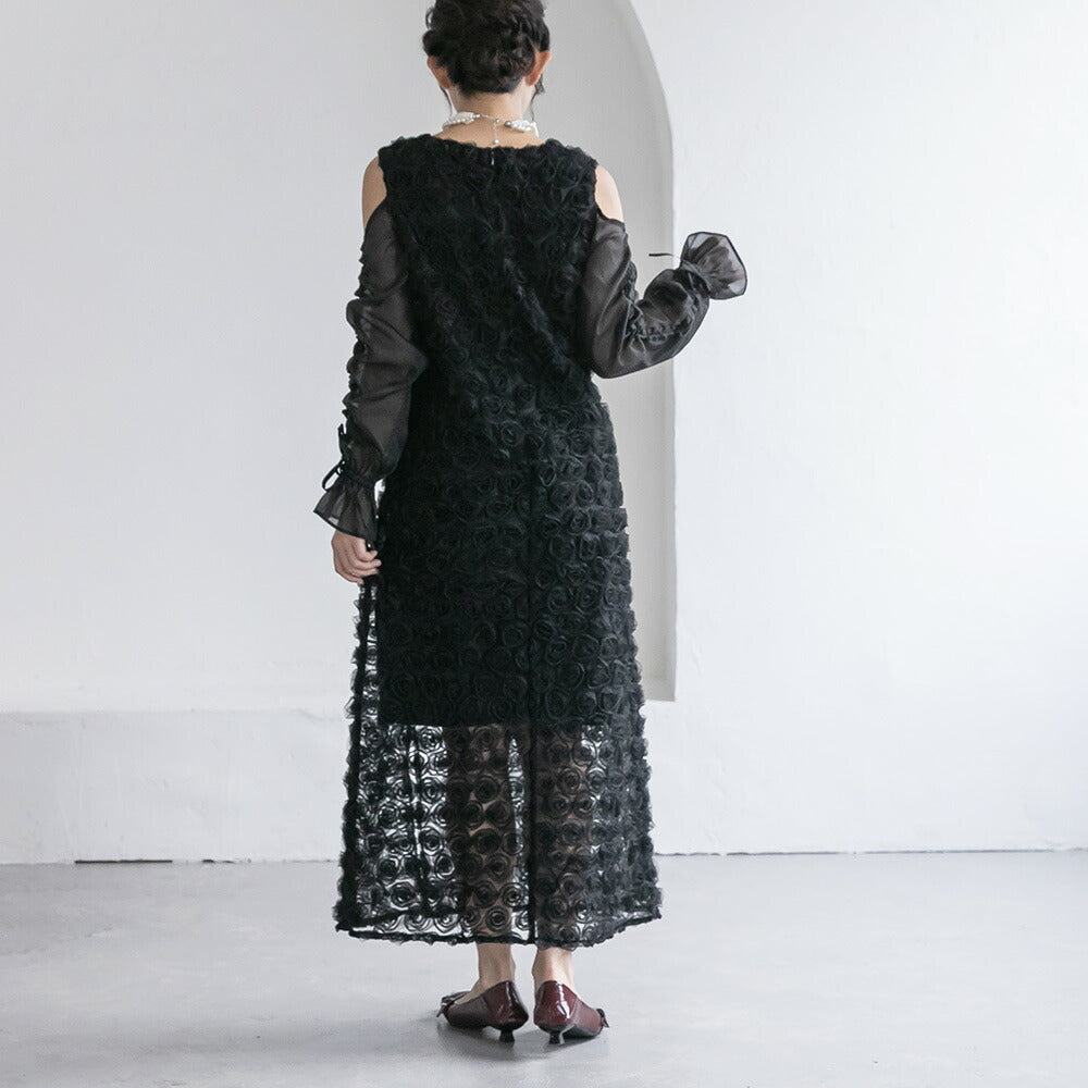 300197 ドロストギャザースリーブ×プチローズペンシルドレス