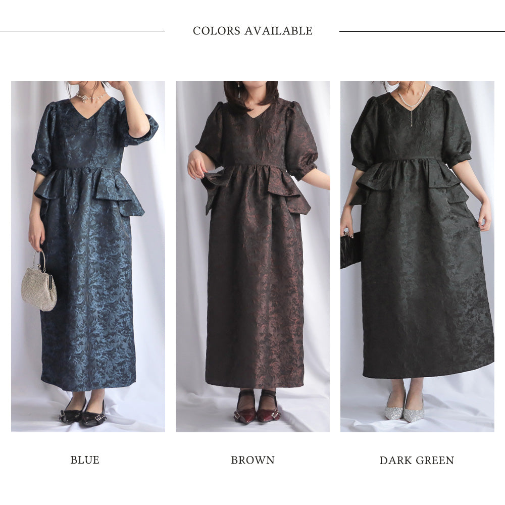 300198 ジャガードペプラムVネックドレス