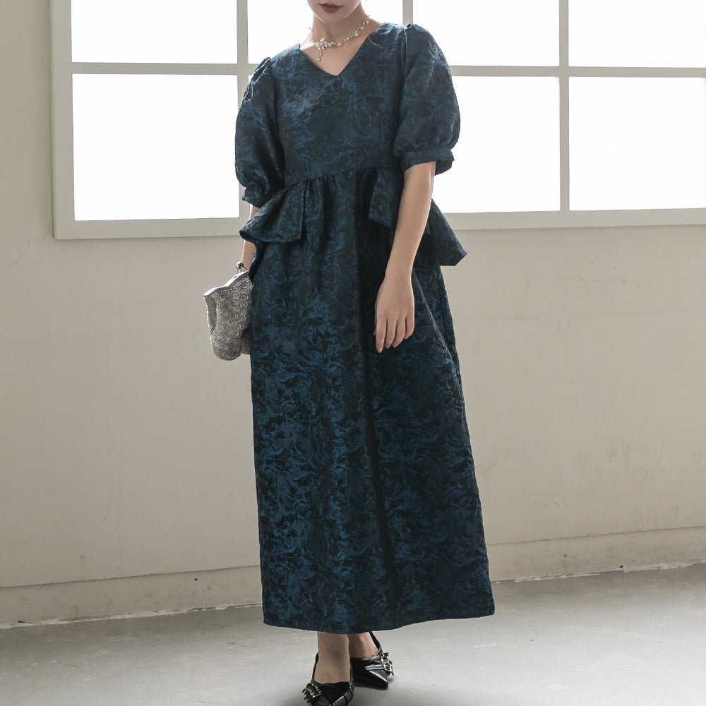 300198 ジャガードペプラムVネックドレス