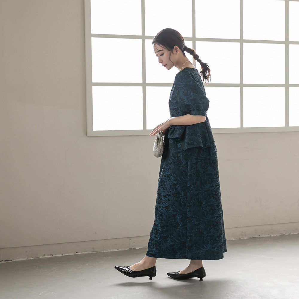 300198 ジャガードペプラムVネックドレス