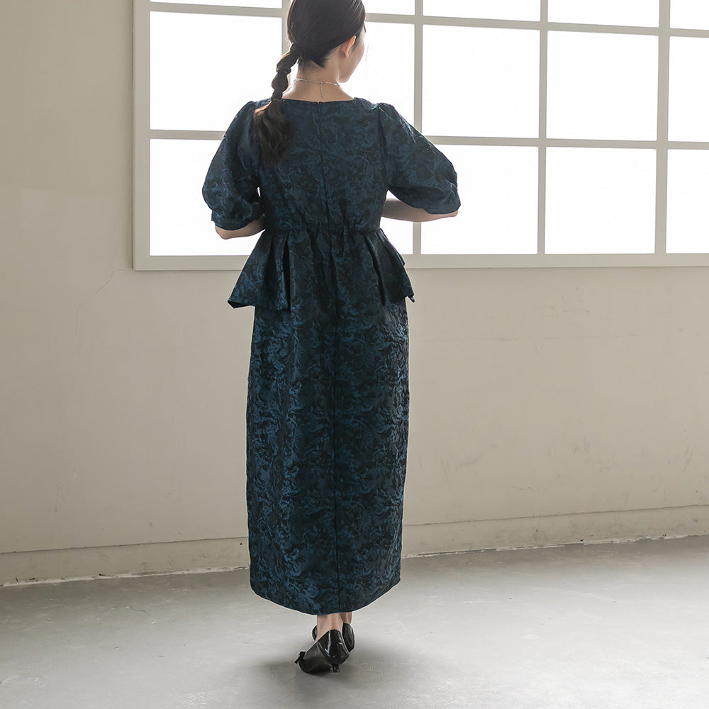 300198 ジャガードペプラムVネックドレス