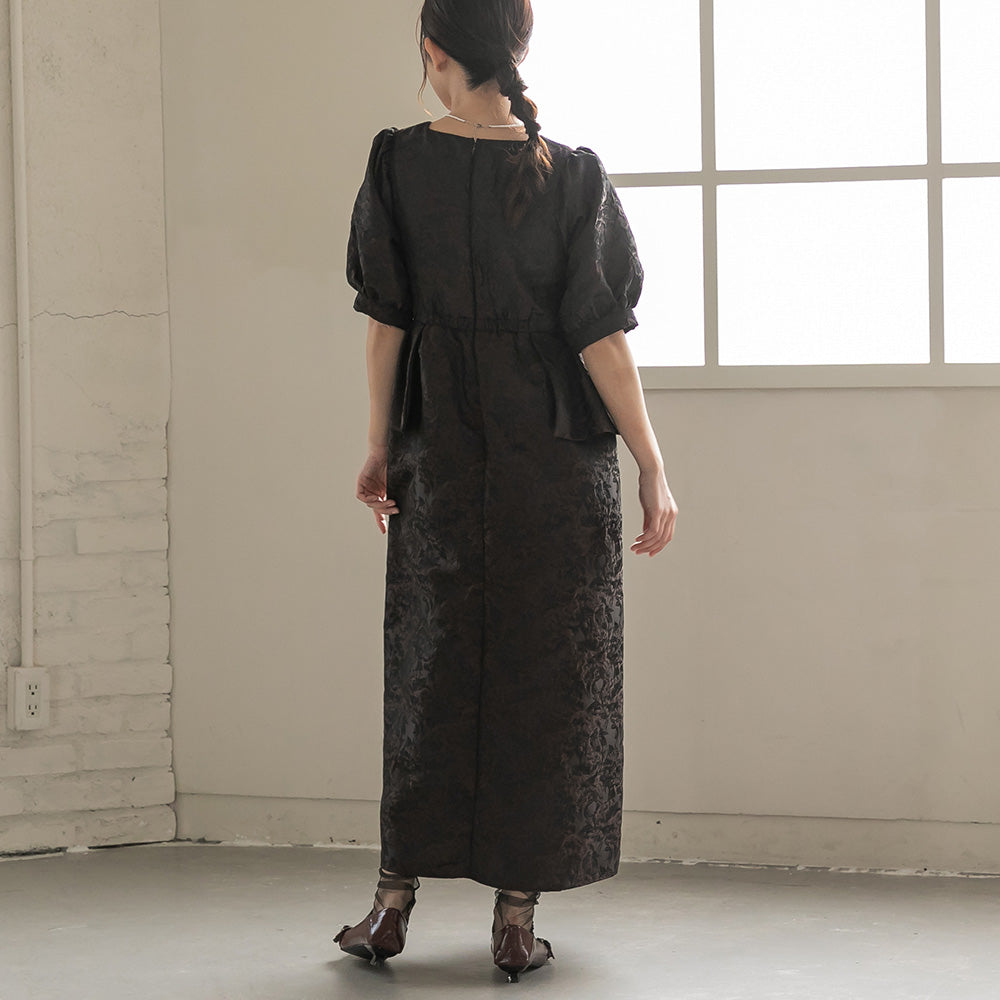 300198 ジャガードペプラムVネックドレス