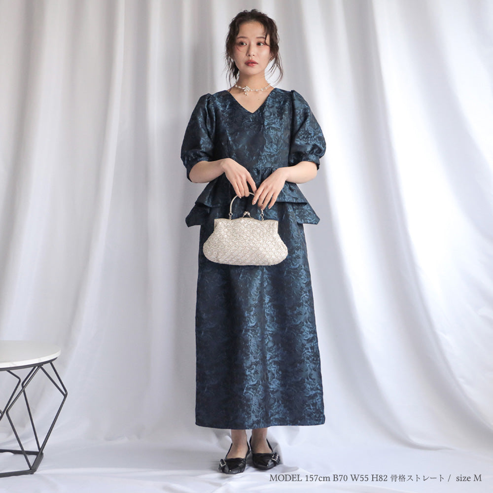 300198 ジャガードペプラムVネックドレス