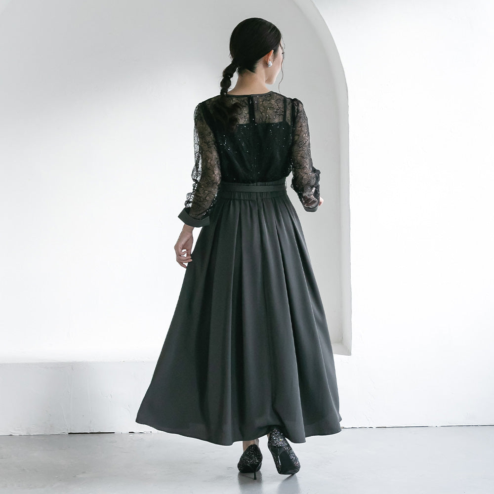 300199 スパンコールレースコンビドレス（ベルト付き）