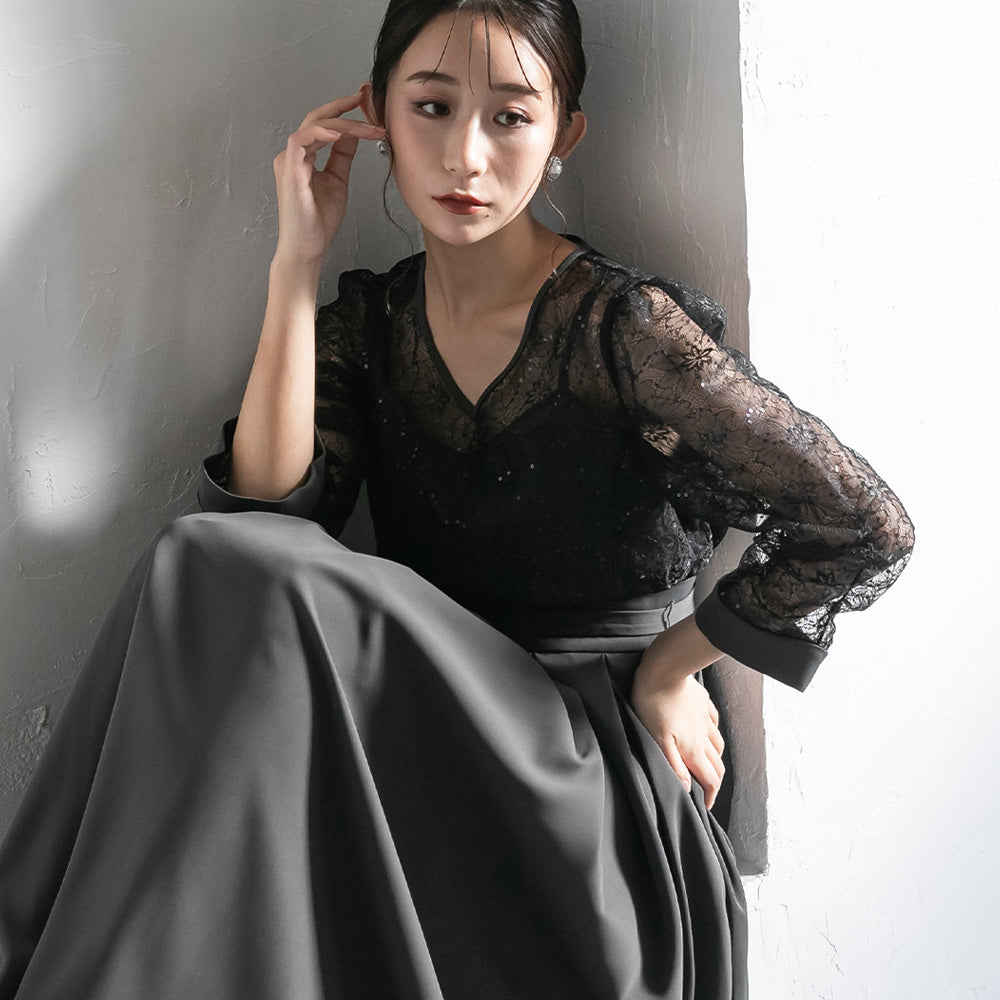 300199 スパンコールレースコンビドレス（ベルト付き）