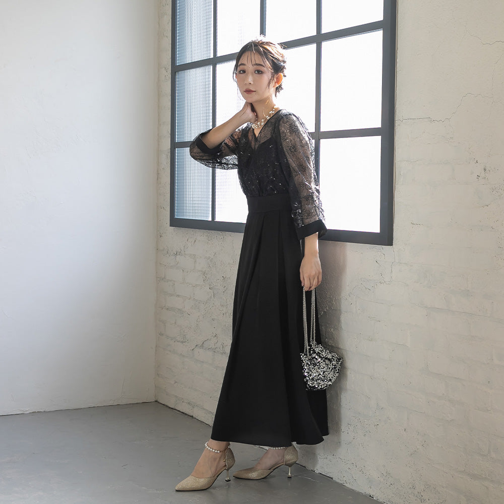 300199 スパンコールレースコンビドレス（ベルト付き）