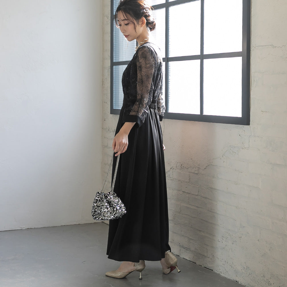 300199 スパンコールレースコンビドレス（ベルト付き）