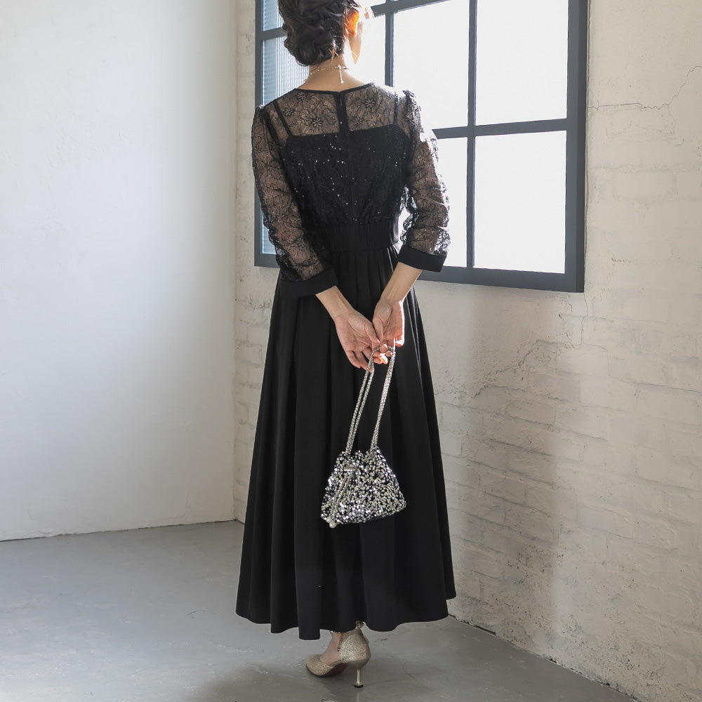 300199 スパンコールレースコンビドレス（ベルト付き）