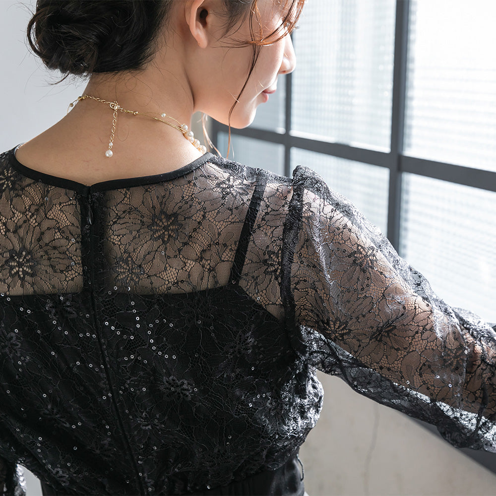 300199 スパンコールレースコンビドレス（ベルト付き）