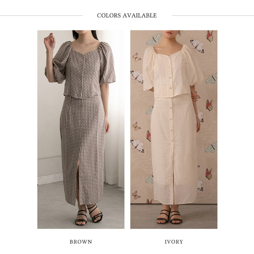 330023 ハートボタンパフスリーブブラウス＆ハイウエストスカート