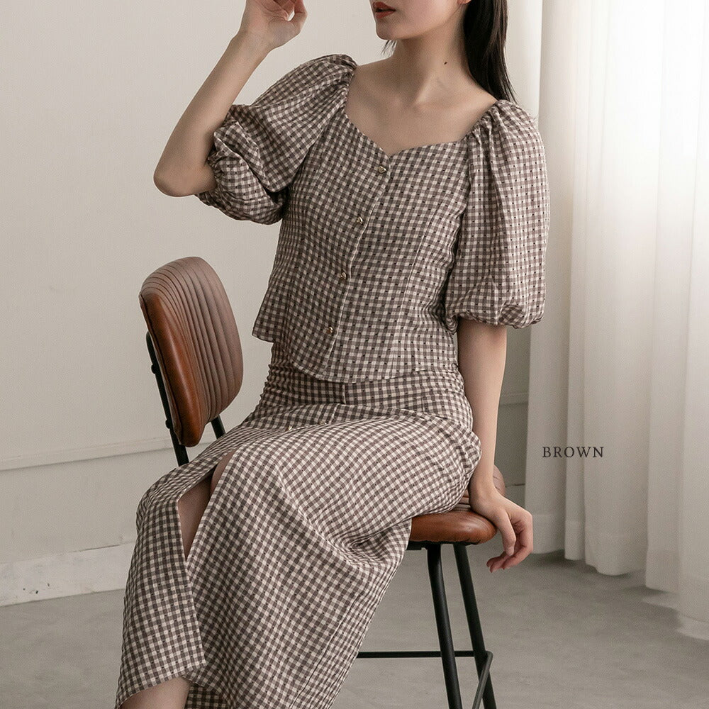 330023 ハートボタンパフスリーブブラウス＆ハイウエストスカート