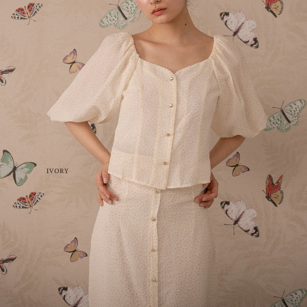 330023 ハートボタンパフスリーブブラウス＆ハイウエストスカート