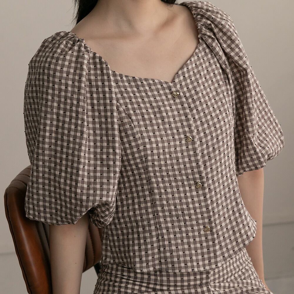 330023 ハートボタンパフスリーブブラウス＆ハイウエストスカート