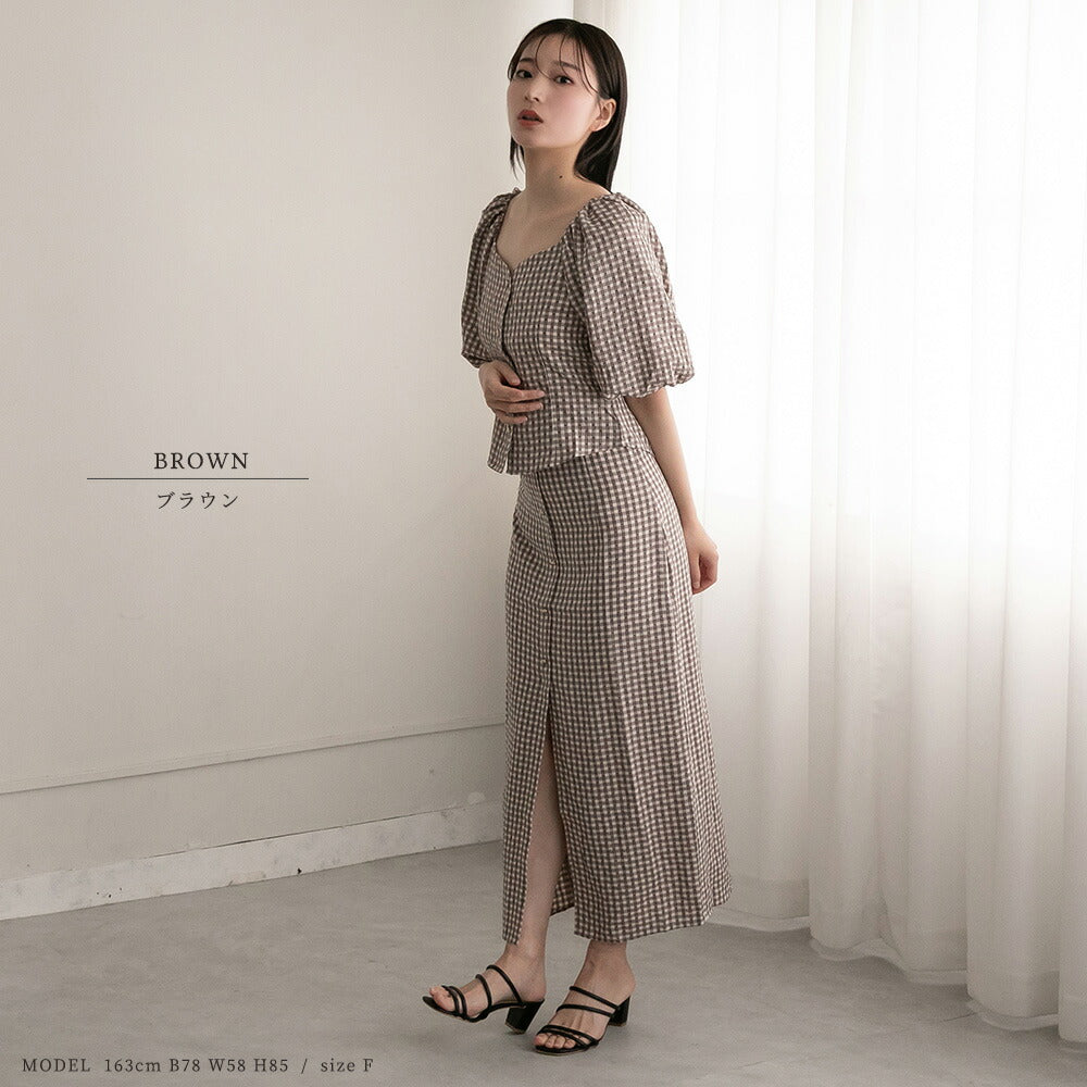 330023 ハートボタンパフスリーブブラウス＆ハイウエストスカート