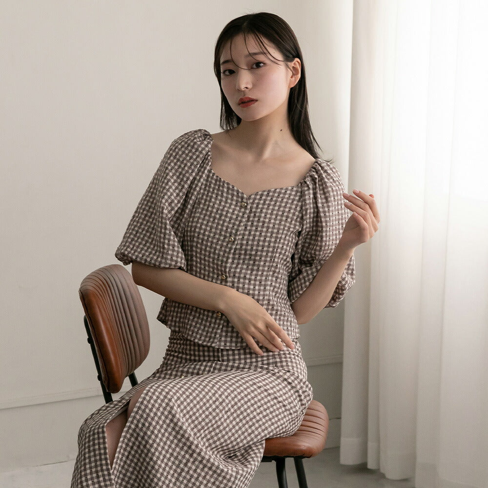 330023 ハートボタンパフスリーブブラウス＆ハイウエストスカート