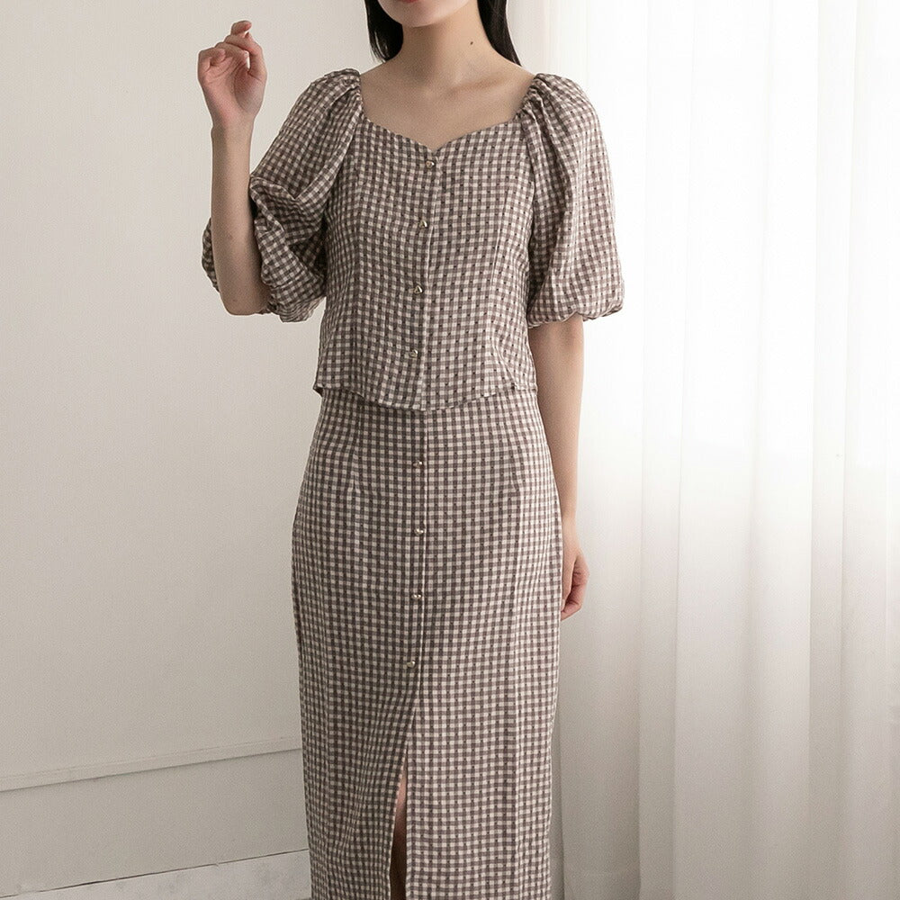 330023 ハートボタンパフスリーブブラウス＆ハイウエストスカート