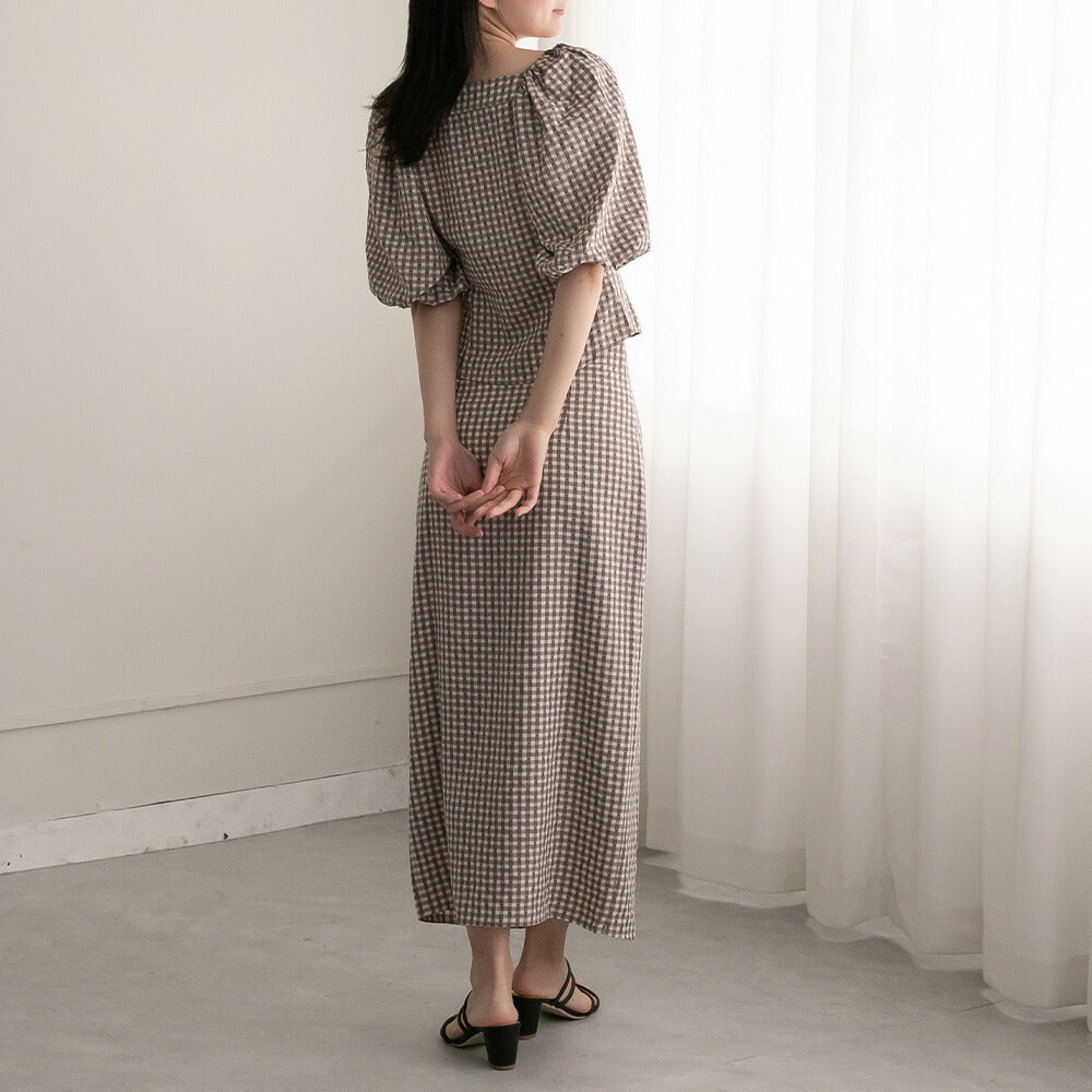 330023 ハートボタンパフスリーブブラウス＆ハイウエストスカート