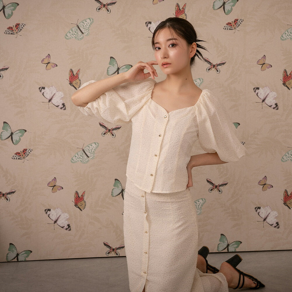 330023 ハートボタンパフスリーブブラウス＆ハイウエストスカート