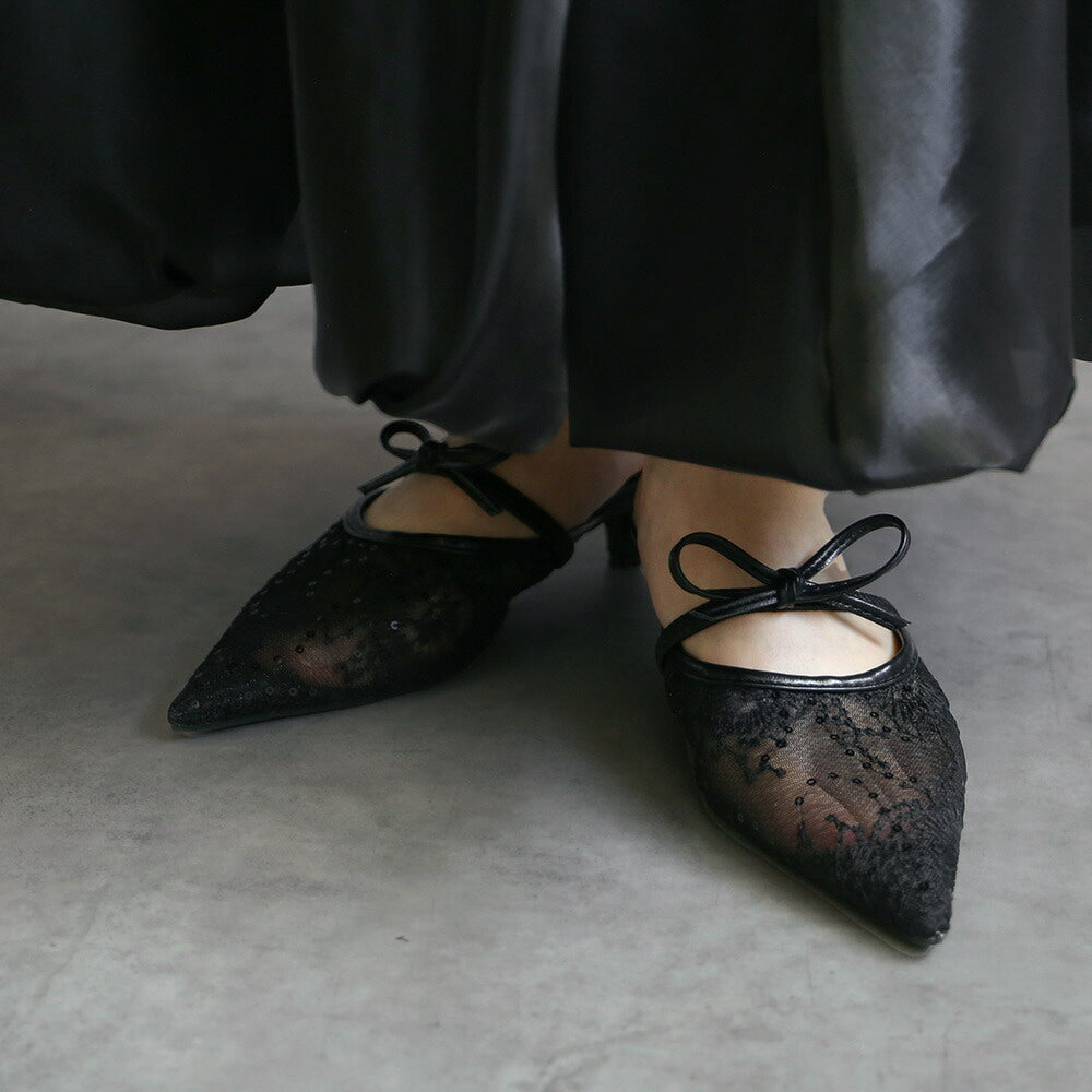 刺繍レースリボンミュール