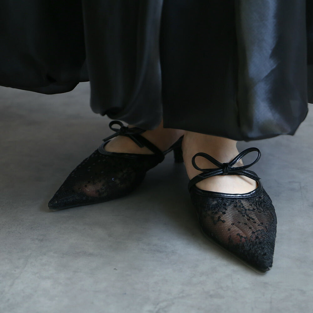 440007 刺繍レースリボンミュール