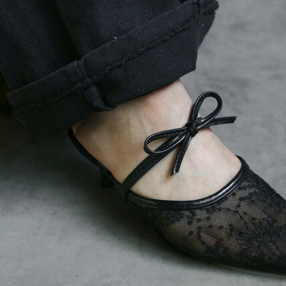 刺繍レースリボンミュール