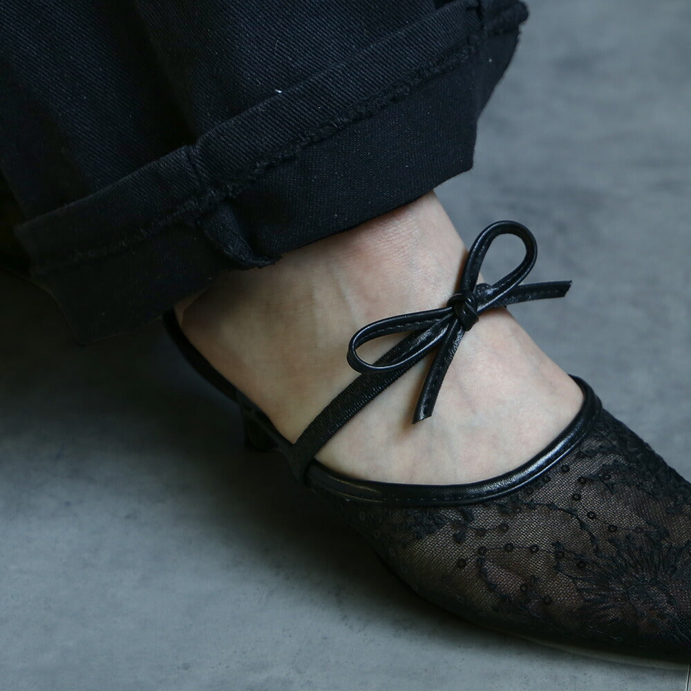 440007 刺繍レースリボンミュール