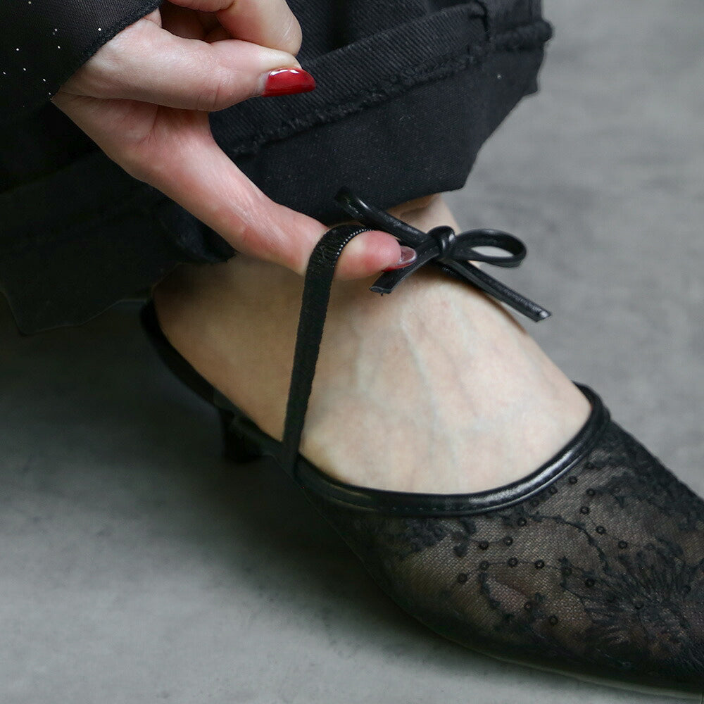 刺繍レースリボンミュール