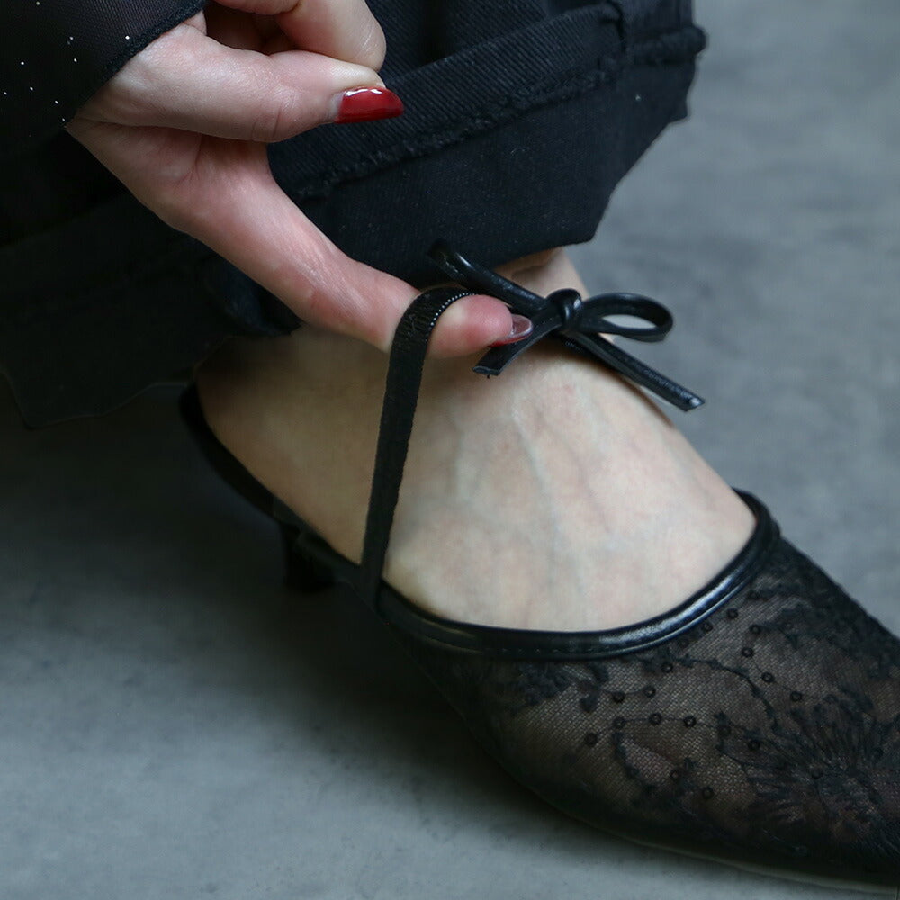 440007 刺繍レースリボンミュール
