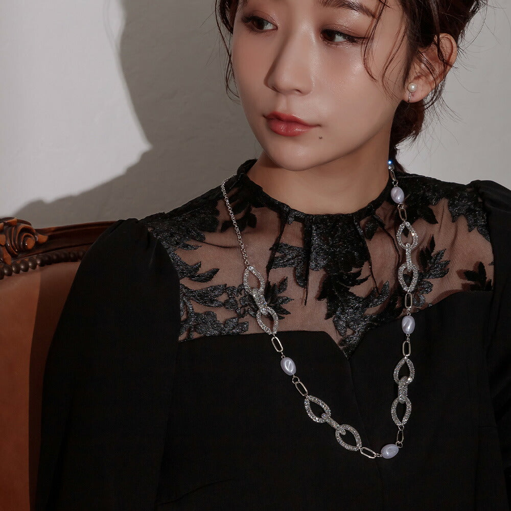 550119 パール×クリスタルリングロングネックレス