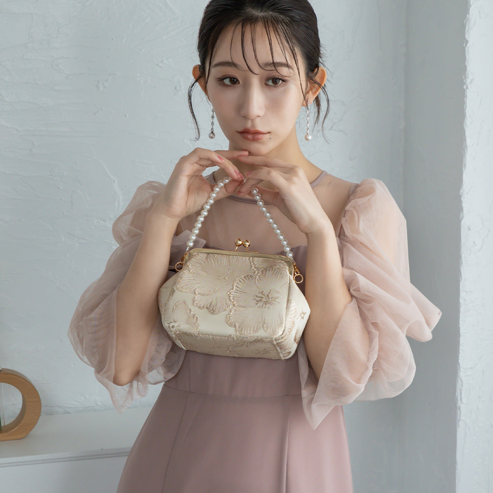 パールハンドルフローラルジャガードバッグ