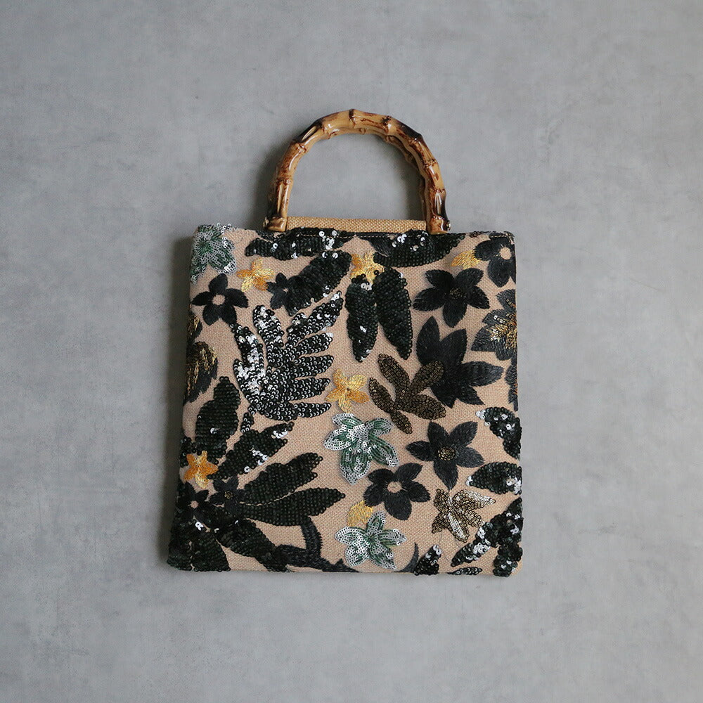 ボタニカル刺繍バンブーハンドルバッグ