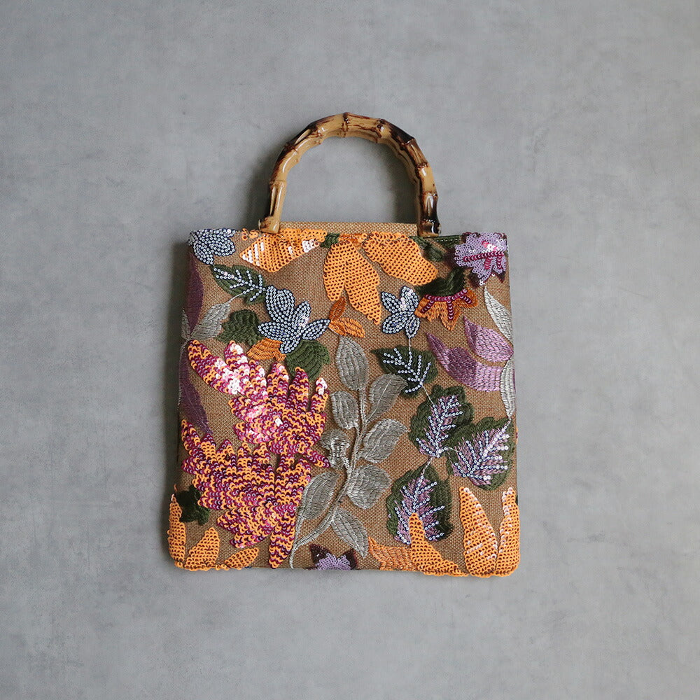 ボタニカル刺繍バンブーハンドルバッグ