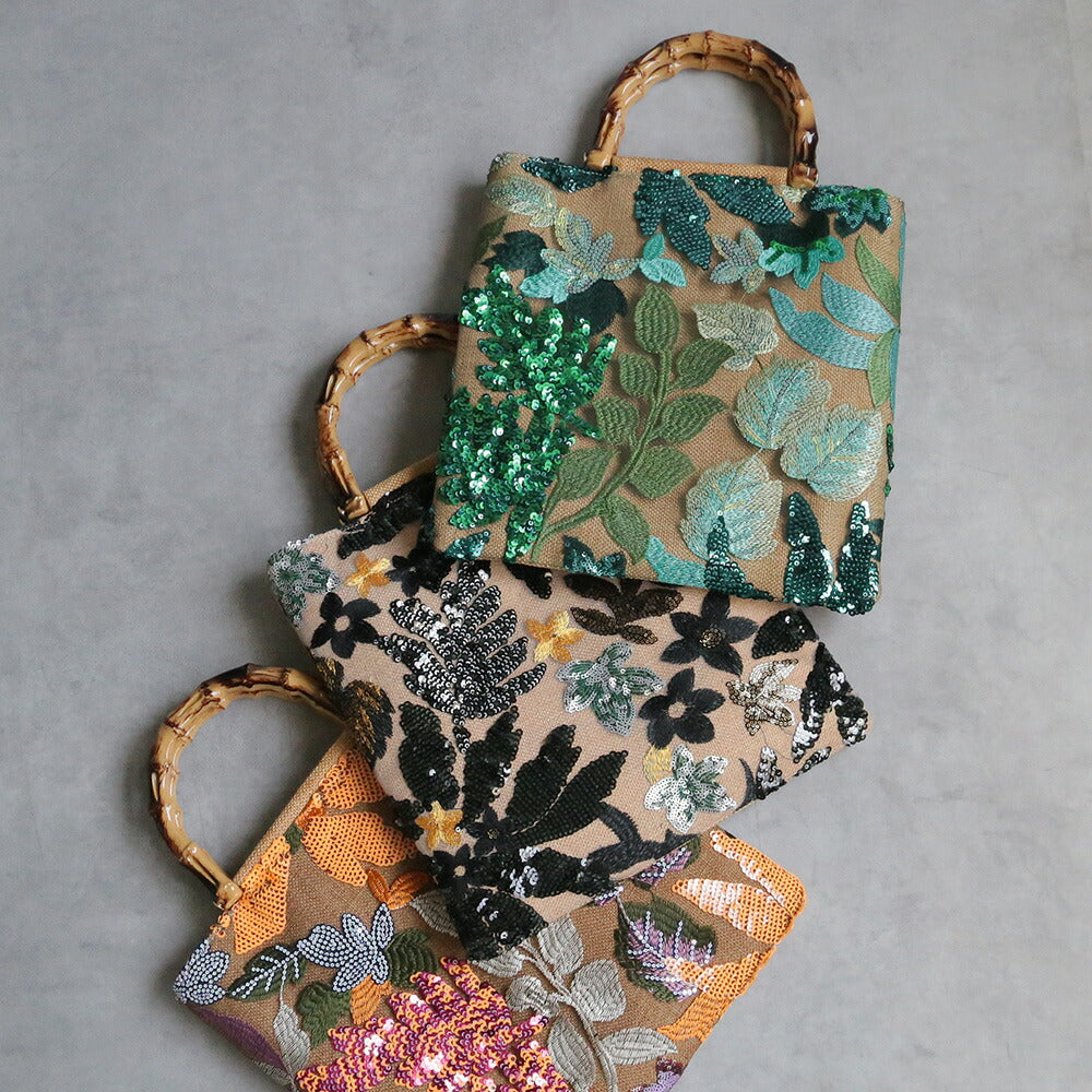 ボタニカル刺繍バンブーハンドルバッグ
