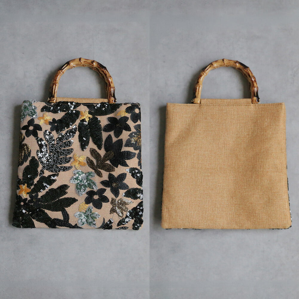 ボタニカル刺繍バンブーハンドルバッグ