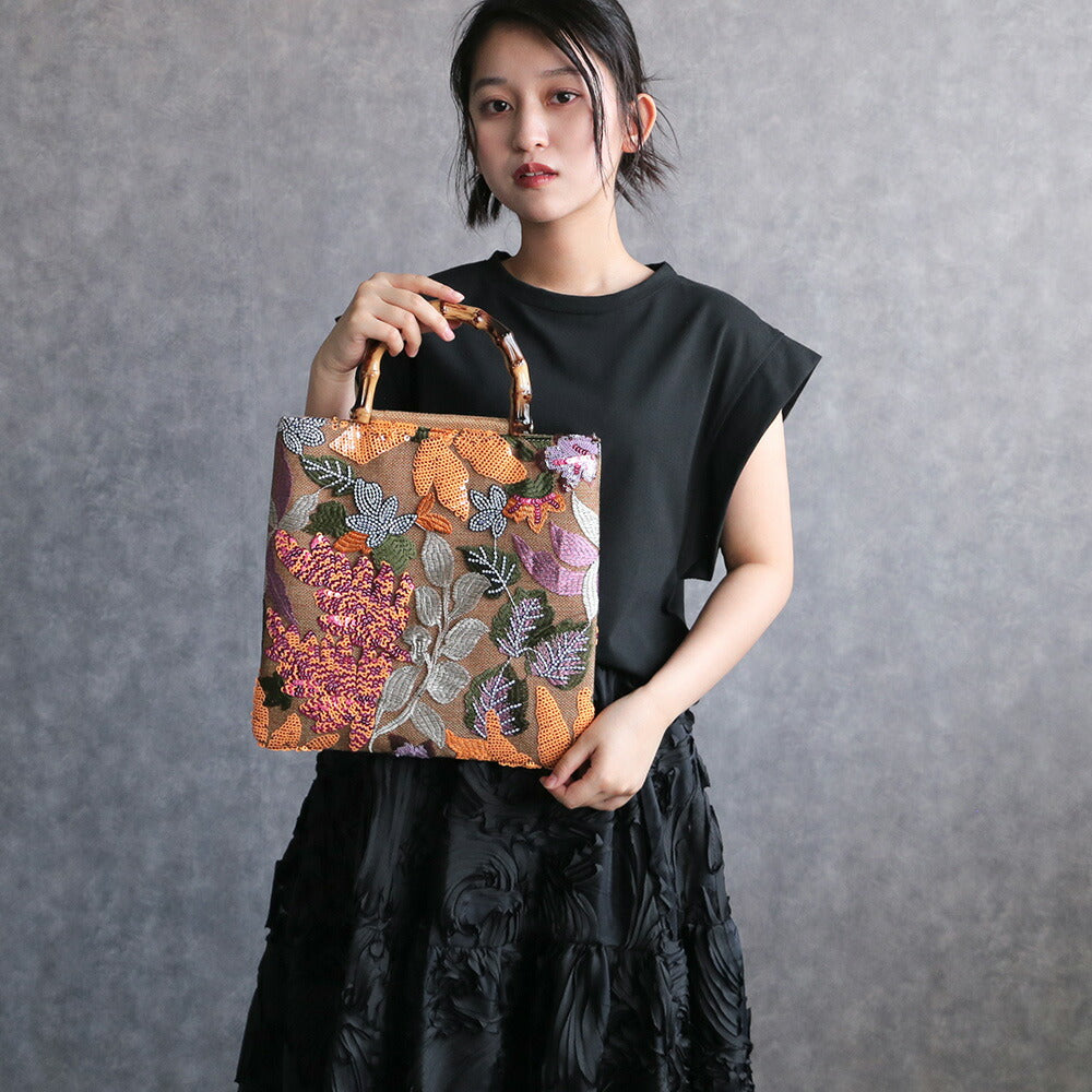 ボタニカル刺繍バンブーハンドルバッグ