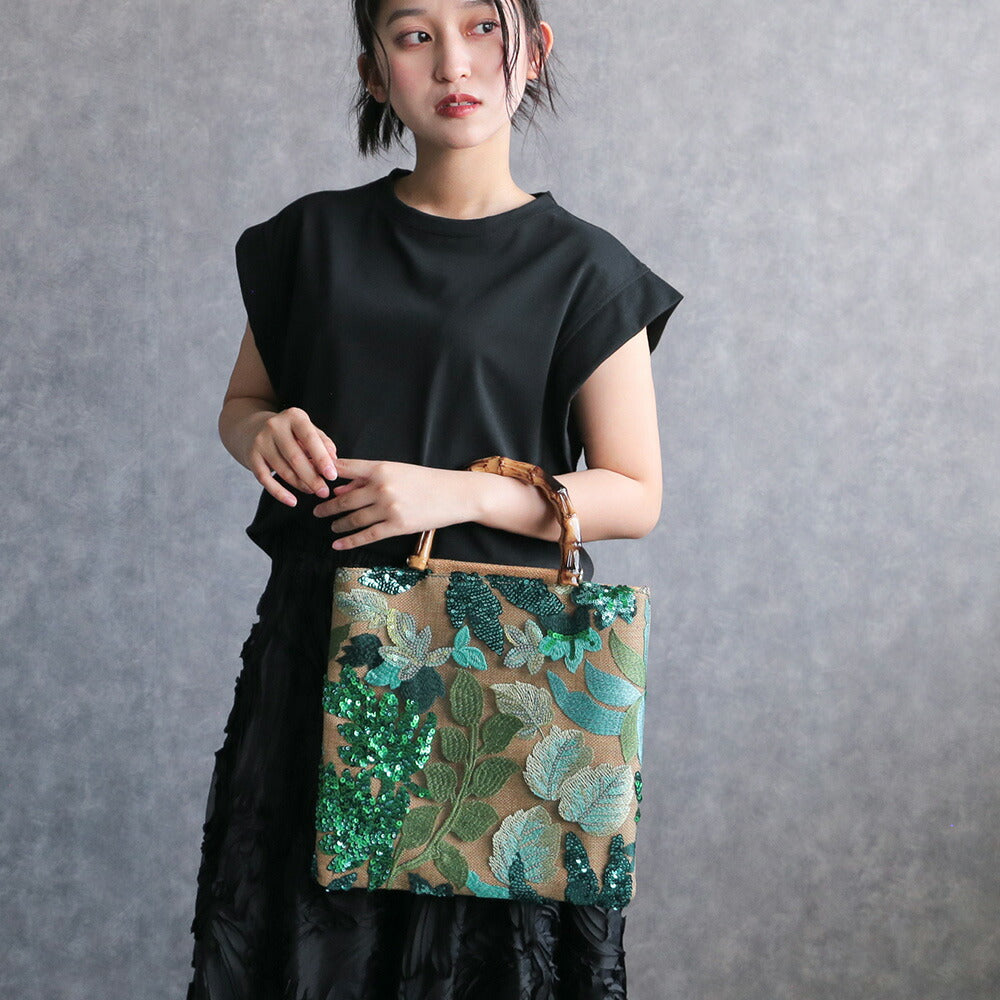ボタニカル刺繍バンブーハンドルバッグ
