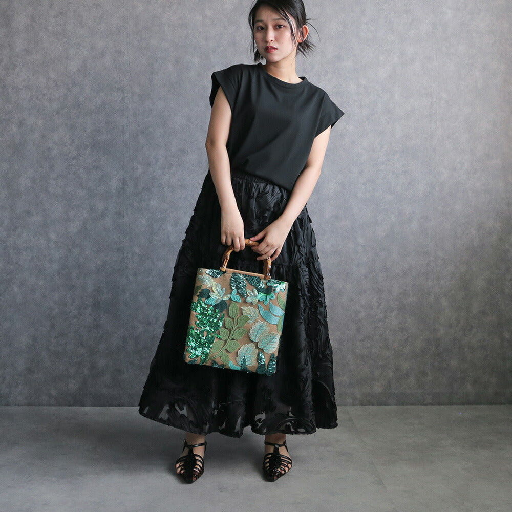 ボタニカル刺繍バンブーハンドルバッグ